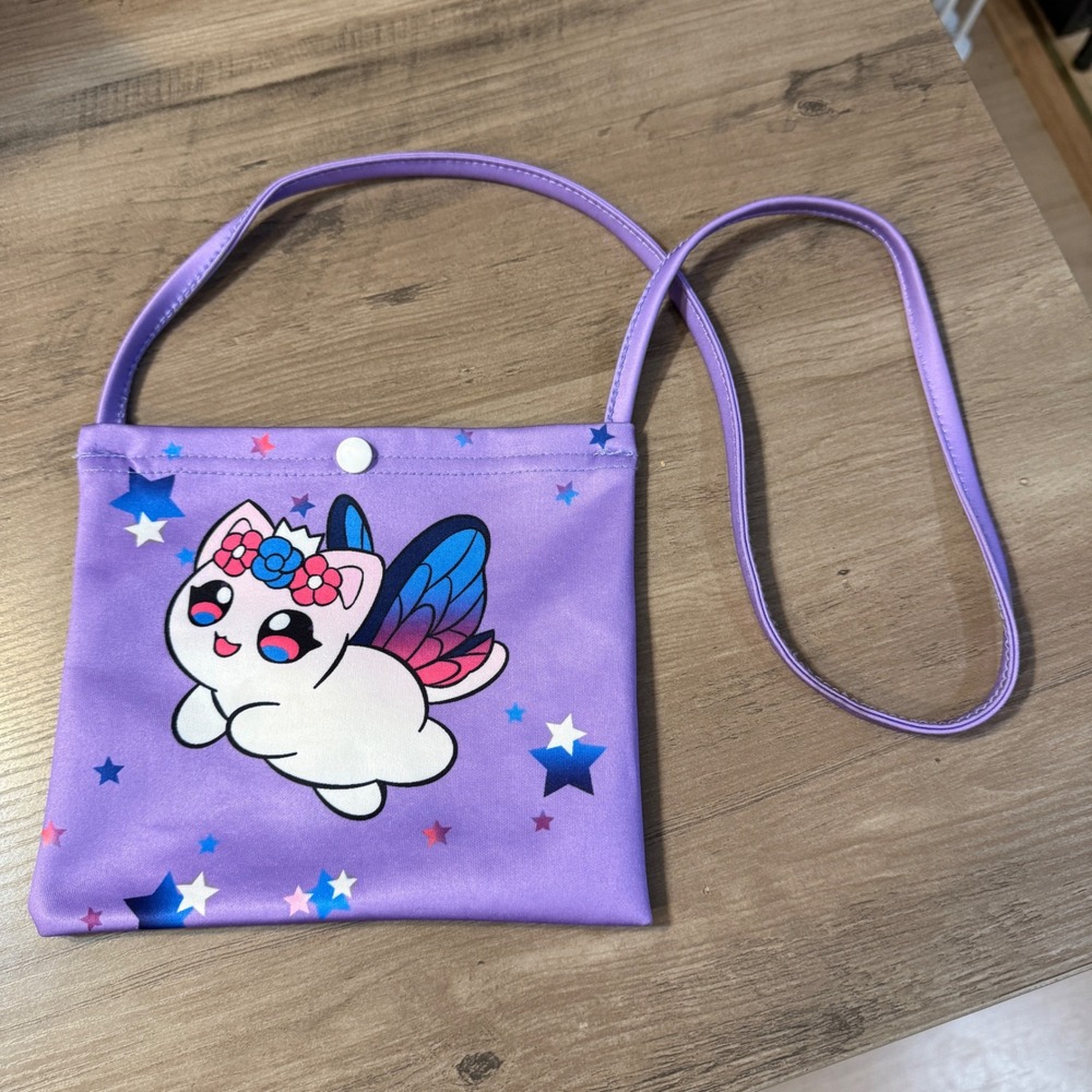Kawaii Purple Fairy Cat Crossbody Pouch Bag with Snap Closure and Stars